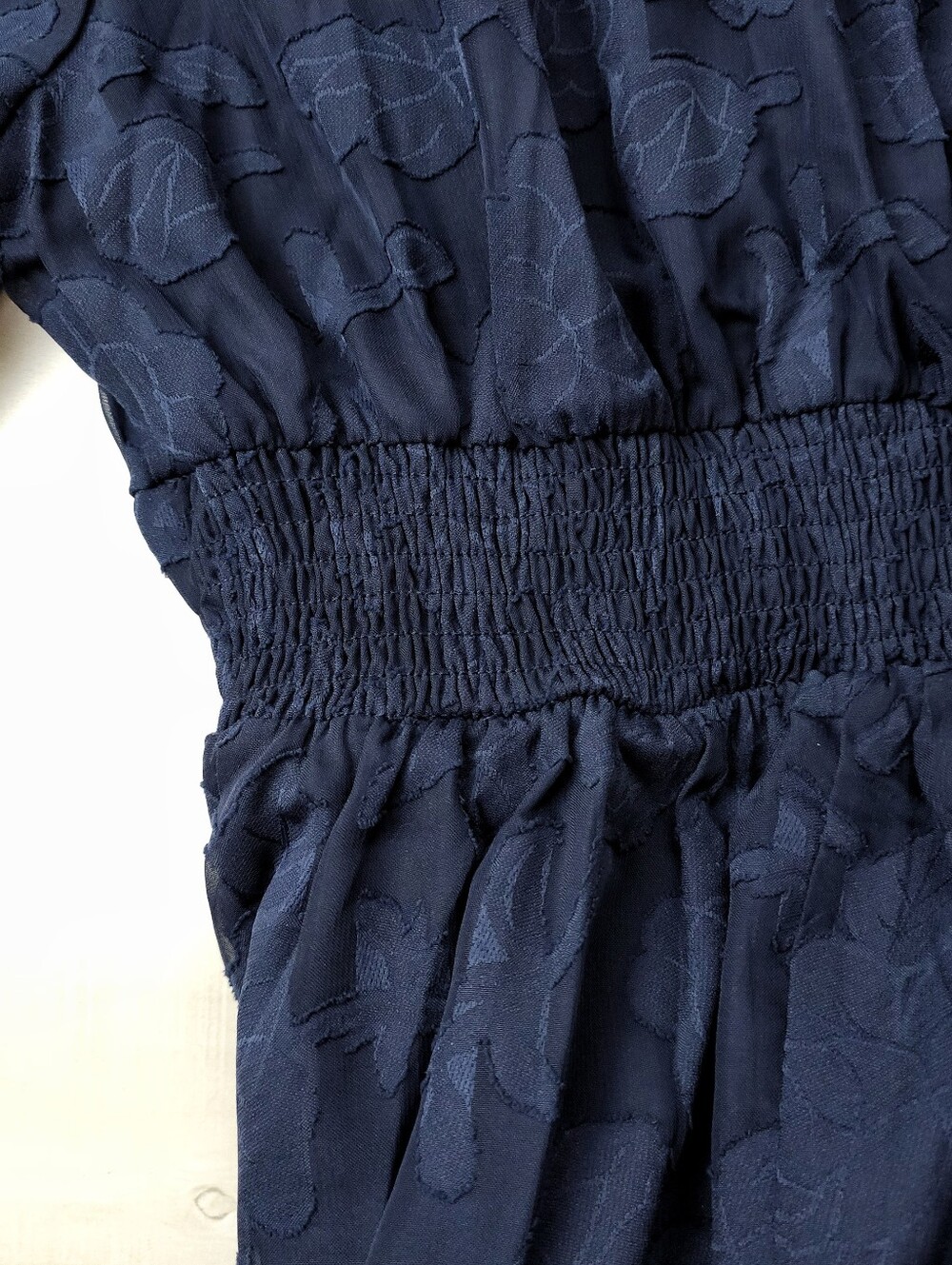 New Chic Sheer Textured Lace Midi Dress PLUS Puffed Sleeve Navy Blue - Picture 10 of 14
